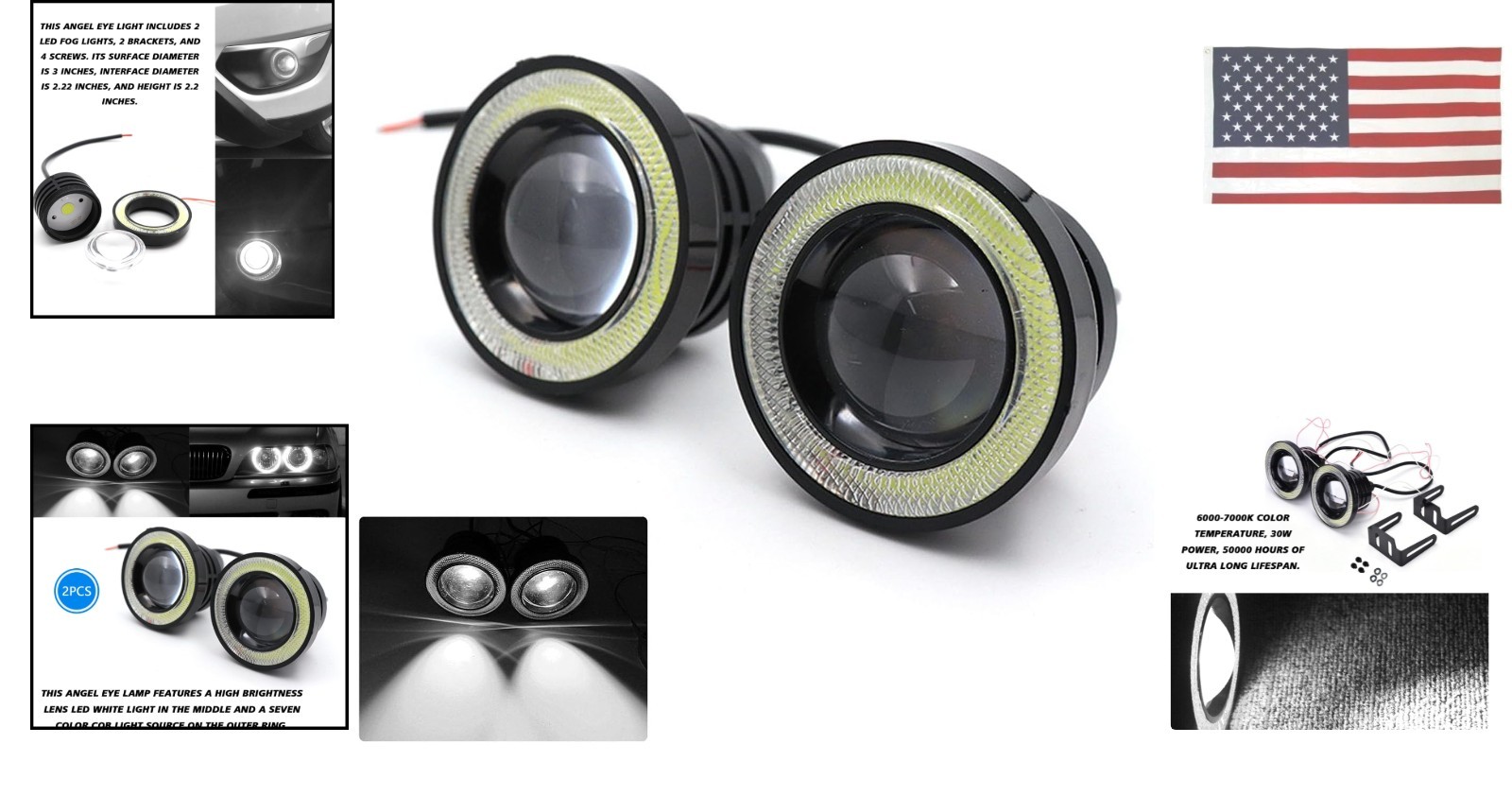 2Pcs Angel Eye Halo Ring LED Fog Lights DRL, 12V 10W 3-Inch Projector, Super ...