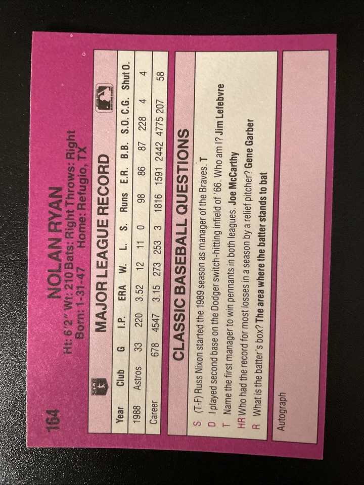 1989 Classic Update Purple Travel Edition - Nolan Ryan #164 - Image 2 of 2