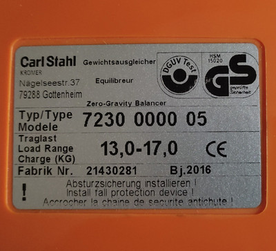 Carl Stahl Gewichtsausgleicher Zero-Gravity Balancer 7230 0000 05 13-17 kg