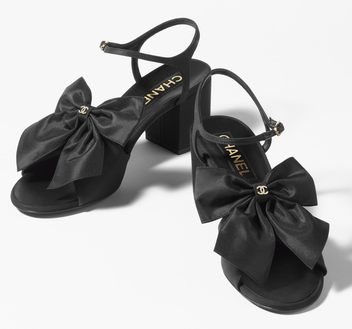 Chanel 24A Black Silk Bow Crystal CC Logo Ankle Strap Block Heel 
