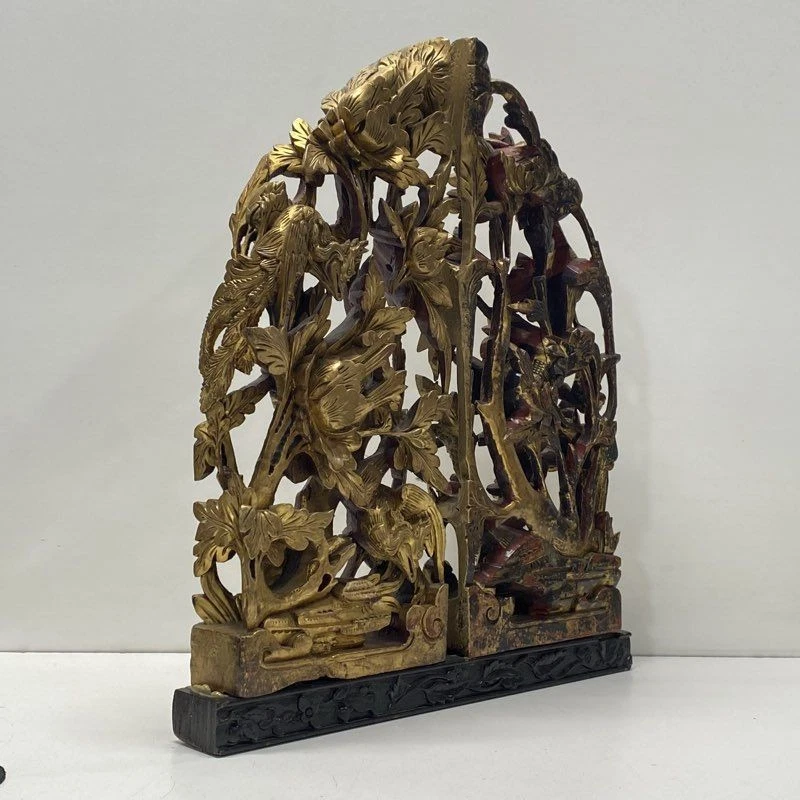 Giltwood Carved Panels. 22 inch Tall Floral & Phoenix Relief -Wood Sculpture - Image 3 of 4