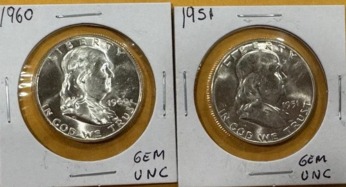 LOT of 2 - 1951 & 1960 FRANKLIN Half Dollars  -  90% Silver GEM UNC