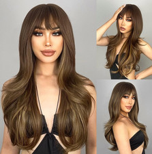 Brown Wigs with Bangs Long Layered Wigs for Women Brown Mixed Blonde Synthetic