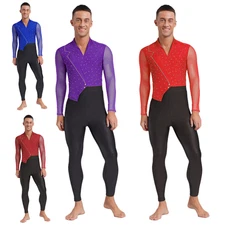 Mens Figure Skating Jumpsuit Long Sleeve Rhinestone Gymnastics Bodysuit Costume