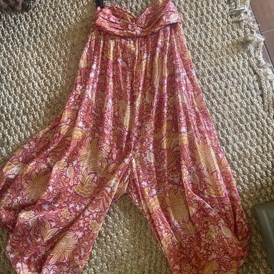 Anthropologie Jumpsuit Women s XL Strapless Boho Sheer Pink Orange Metallic  XXL