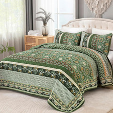King Size Quilt, Olive Green Spring Summer Bedspread Bedding Set, 3 Pieces Bohem