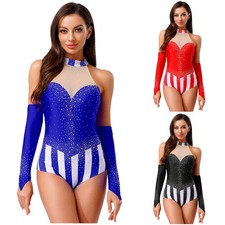 US Womens Dancewear Magician Bodysuit Striped Jumpsuit Music Leotard Circus Mesh