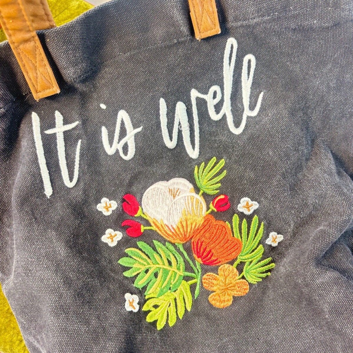 Mary & Martha It Is Well Embroidered Canvas Tote Bag Black Floral Christian View 3