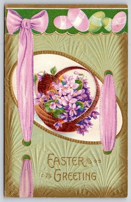 Easter~Lavender Flowers In Basket~Ribbon~Gold~Art Nouveau~c1910 Vintage Postcard