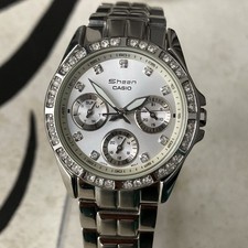 Casio Watch Ladies SHEEN Day Date 24h Steel Silver Dial Crystals 34mm Case
