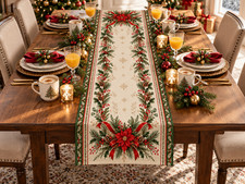 Christmas Table Runner Poinsettia Pine Garland Holiday Dining Table Decor 14x72