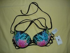 NWT Shade  Shore Black Tropical Floral Flowers Push Up Halter Bikini Top 36B