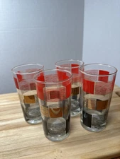 4 Vintage Mid Century Modern MCM Art Deco Glasses Red Black Gold Geometric tall
