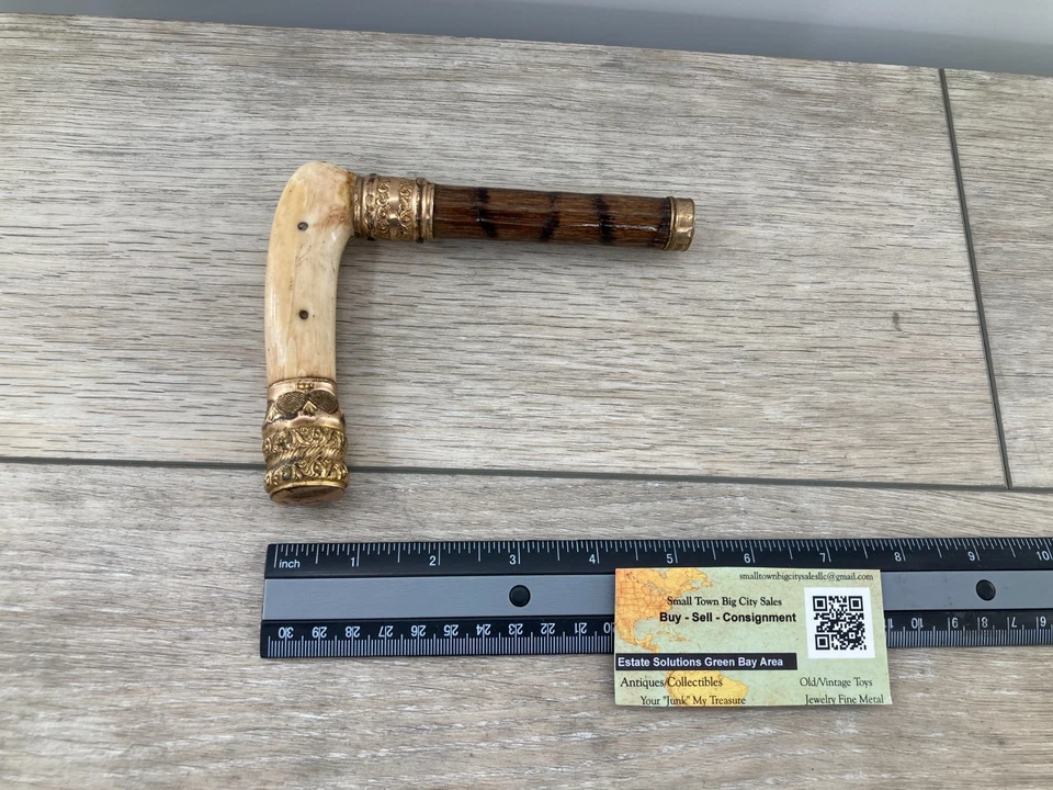 Antiguo mango de paraguas de caña de hueso de ciervo K&H chapado en oro varilla de bambú Foto 2 de 4