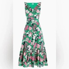 J.Crew Women's Ruffle Floral Pink Green Midi Dress Size 2 Spring Summer Vacation