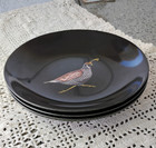 Rare Couroc Bird Series Black Satin Ware Shallow Bowls Inlaid Owl Quail Sparrows — photo 2