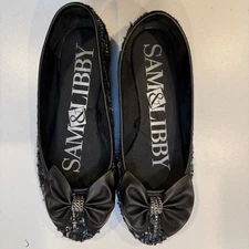 Sam & Libby Women 9.5M Ballet Flats Black Silver Slip On Shoes Bow Sequins