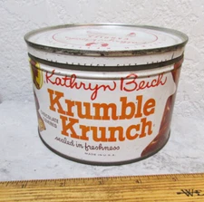 Vintage Kathryn Beich Krumble Krunch candy tin, (empty), great graphics & colors