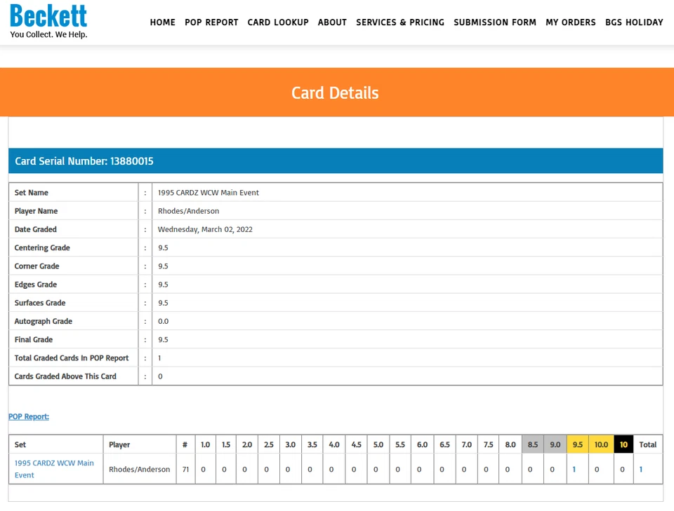 POP 1: Dustin Rhodes BGS 9.5: 1995 CARDZ WCW Main Event Rookie Year Gisto #71 - Image 3 of 3