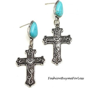 Western-Cowgirl-Bohemian-Antique-Gothic-Cross-Heart-Turquoise-Silver-Earring-NEW