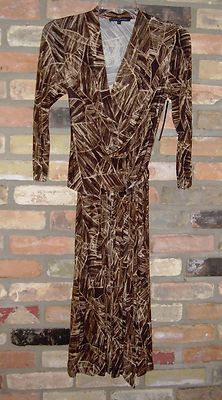 David Meister faux wrap rayon jersey brown leaf print dress 8 small NWT