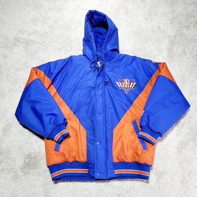 Denver Broncos Puffer Jacket Men L Blue Orange Vintage Logo NFL Hooded  Coat