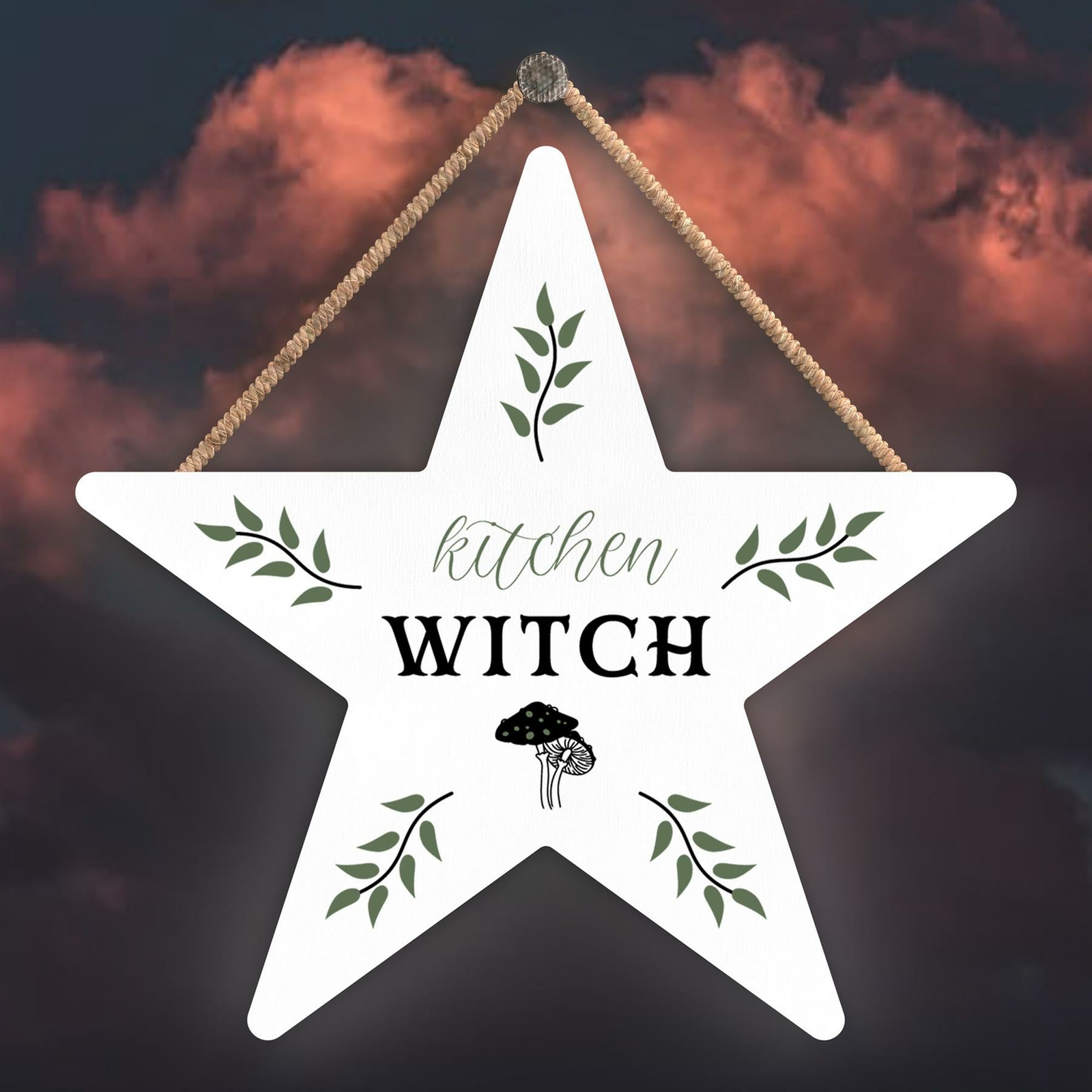 KITCHEN WITCH MUSHROOM STAR SHAPED WITCHCRAFT THEMED HALLOWEEN WOODEN PLAQUE