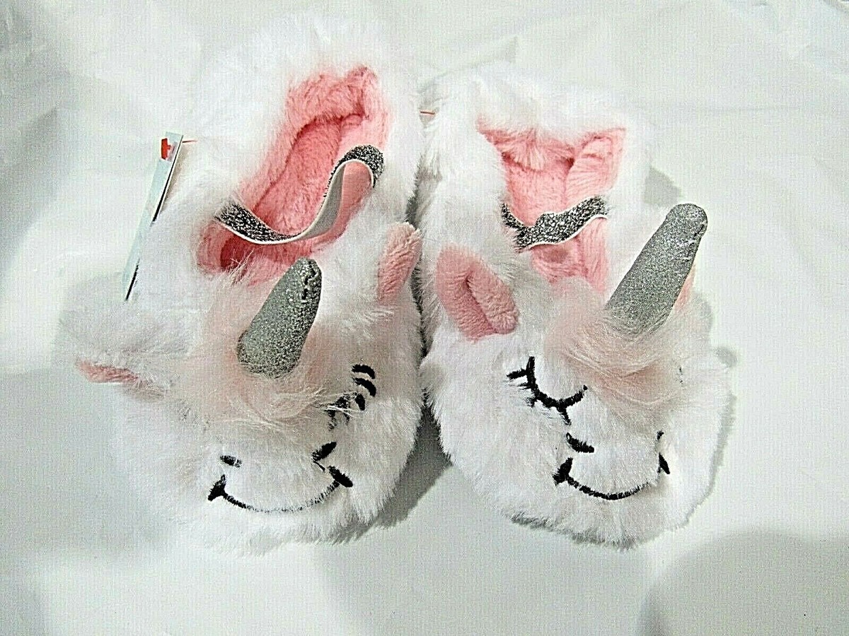 Infant Cat Jack Soft Furry White Pink Unicorn Slippers Size M 2t-3t