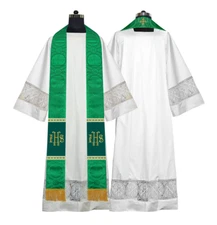 Handmade Green Minister Stole with IHS Embroidery & Trims for Liturgical Use