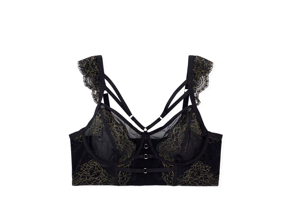Torrid Black and Gold Strappy Lurex Lace Underwire Bra SIZE
