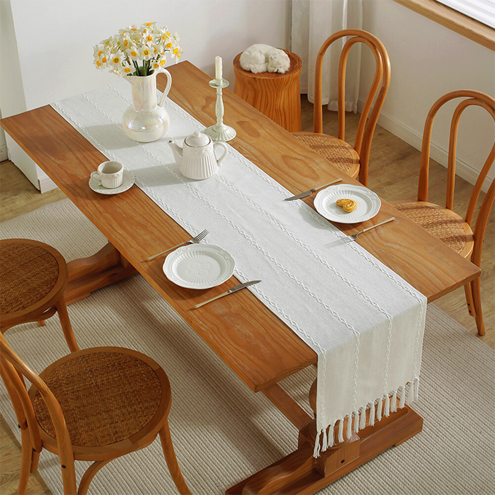 Cafe Cotton Linen Cover Hotel Dinning Room Table Runner With Tassels