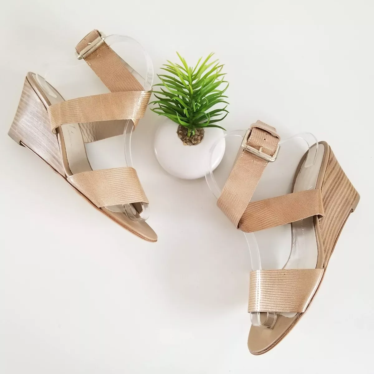 AGL Wedge Sandals Ankle Wrap Tan Patent Leather Lizard Embossed