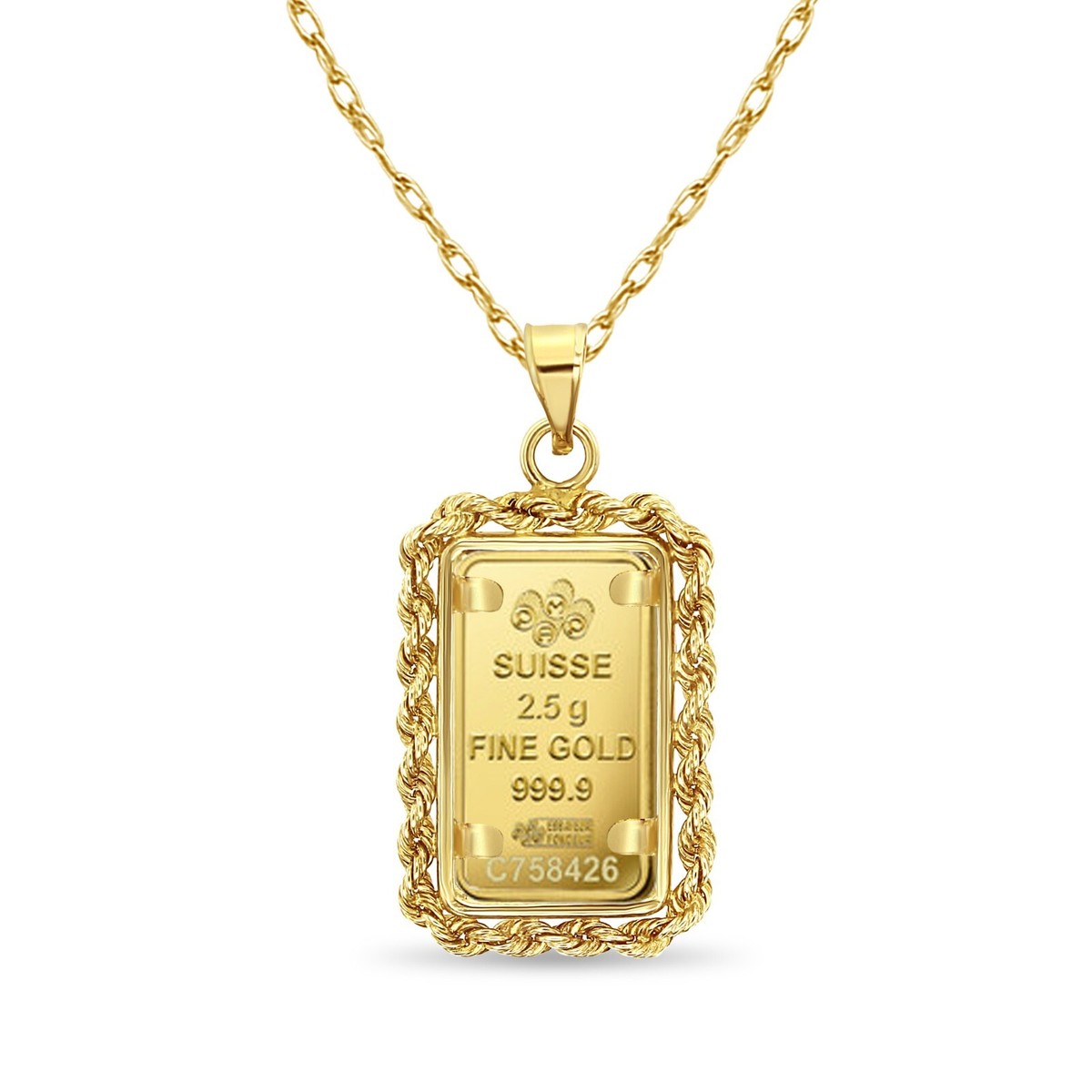 Gram Pamp Credit Suisse Gold Coin with Rope Frame Necklace