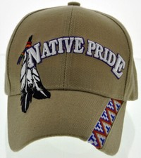 NEW NATIVE PRIDE INDIAN AMERICAN SIDE BIG LETTER FEATHERS CAP HAT TAN