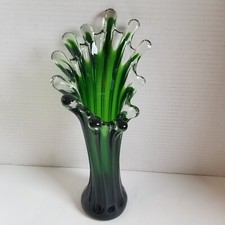 Art Glass Murano Vase Green Clear 14" Tall MCM Swung Heavy 12 Fingers