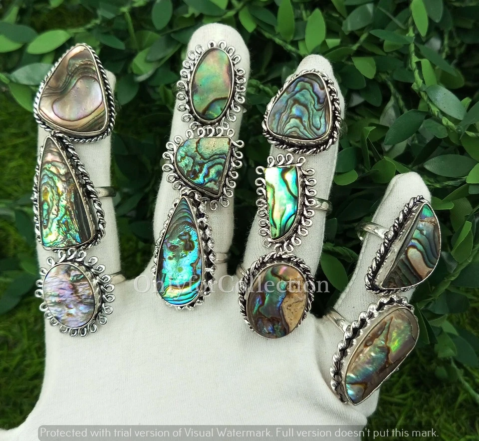 Lote de anéis boho folheados a prata esterlina 925 pedra preciosa concha presente Abalone atacado - Imagem 2 de 3