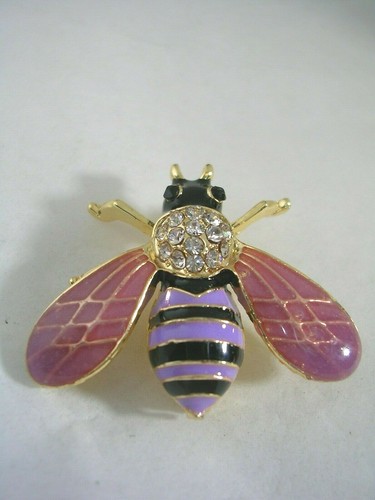 BEE PIN WITH PURPLE & BLACK ENAMEL WITH CUBIC ZIRCONIA IN GOLD TONED BRASS - Picture 2 of 10