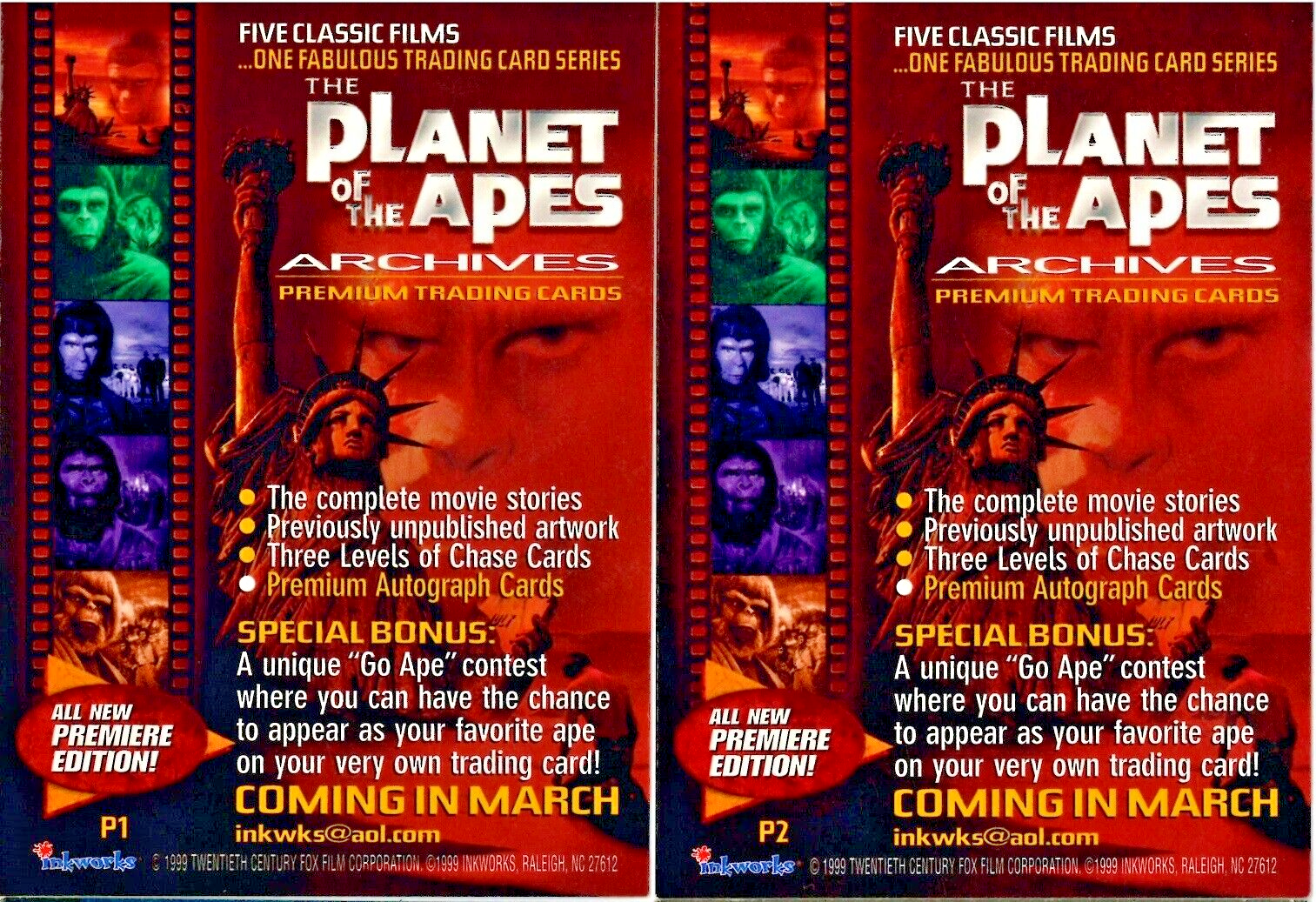 1999 Inkworks The Planet of the Apes Archives Promo Cards P1 & P2 - Picture 2 of 6
