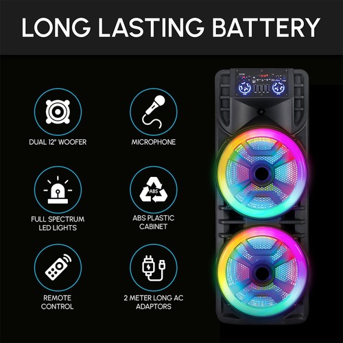 Haut-parleur Bluetooth portable 4"/12" double caisson de basses système audio basse lourde et micro - Photo 6 sur 31
