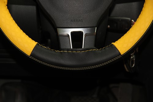 2019 Stitch On Steering Wheel Skin Wrap Cover Yellow & Black w/ Needle & Thread - Picture 2 of 6
