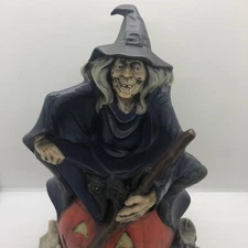 Vtg Halloween Witch Sitting On Pumpkin Hand Painted Ceramic Byron Molds 1972