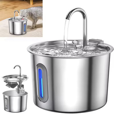 Katze Hund Brunnen 2,2L Edelstahl Dreifachfilter Ultra Leise LED Haustier