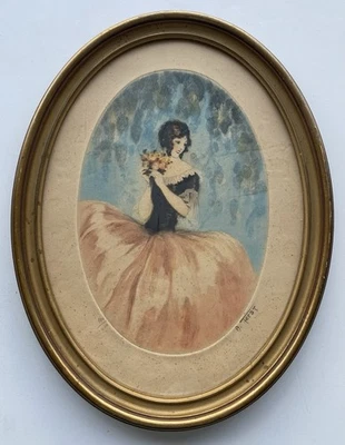 Rare lithographie ovale art déco femme A. Ferat 100/400 signée main 1900 France - Photo 1/4