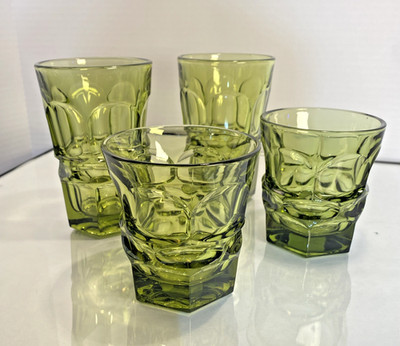 4 Vintage Fostoria Glass Argus Green Tumblers HFM Henry Ford Museum MCM -2 SIZES