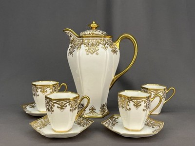 9-Pc Antique RC Royal Crockery Nippon Hand-Painted Gilt Moriage Chocolate Set
