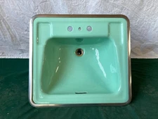 Vtg Mid Century 20x18 Cast Iron Jadeite Green Porcelain Drop In Sink 296-25E