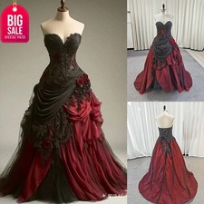 Gothic Red And Black Wedding Dress Sweetheart Sleeveless Retro Bridal Gown Lace
