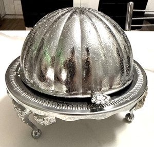 Vintage Dome Roll Top Caviar/Butter Dish Server Made in England W/Glass Insert