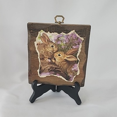 Vintage 70's decoupage Bunny Art On Wood 5.5  X 6  Wall Decor Retro MCM 