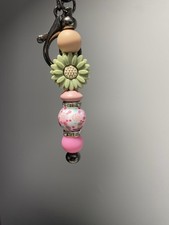 Hand Beaded Keychain Green Pink Flower Silver Tone